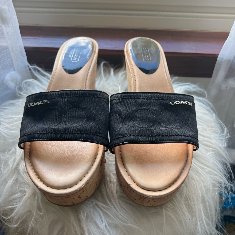 Coach Black and Tan Platform Slide Sandals